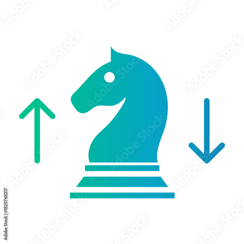 Gradient color icon of chess knight with rising arrow representing strategic market decisions.