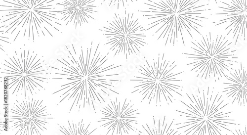 Dynamic seamless pattern of abstract starbursts or sunbursts with thin radiating lines creating an energetic background.