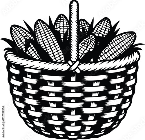 Woven basket overflowing with fresh corn on the cob
