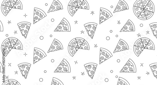 Delicious seamless pattern of outlined pizza slices and whole pizzas with various toppings and geometric accents on white.