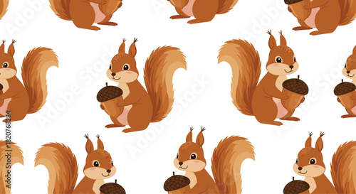 Adorable seamless pattern of charming cartoon squirrels holding acorns creating a cute and playful wildlife background.