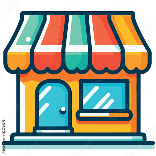 A colorful, stylized illustration of a small storefront with a striped awning and a prominent display window.