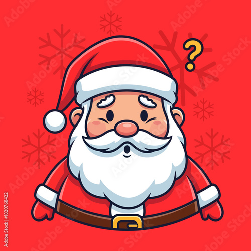 Confused Santa Claus Cartoon Illustration with a Question Mark on a Red Background