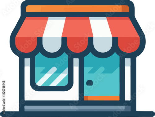 A colorful illustration of a shop with a striped awning and glass windows, representing retail.