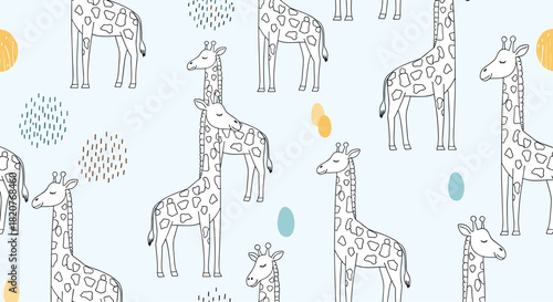 Whimsical seamless pattern of outlined giraffes in different sizes with colorful abstract dots and dashes on a light blue background.