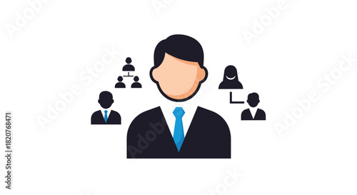 Professional icon representing a business organization hierarchy with a central businessman figure and connected smaller figures.