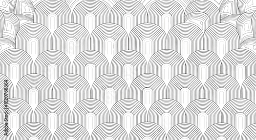 Monochrome seamless pattern featuring repetitive arched or semi-circular lines arranged in rows creating a textured design.