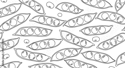 Healthy seamless pattern of hand-drawn outlined pea pods with peas inside scattered on a crisp white background.