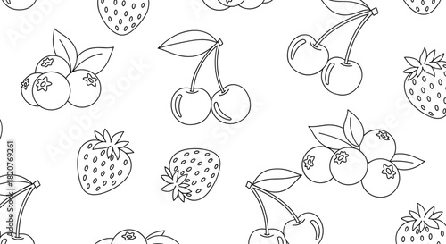 Healthy seamless pattern of hand-drawn outlined strawberries blueberries and cherries creating a fresh fruit design.