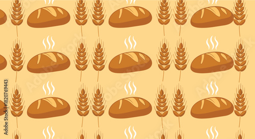 Rustic seamless pattern of steaming loaves of fresh bread and golden wheat stalks arranged in rows on an orange background.