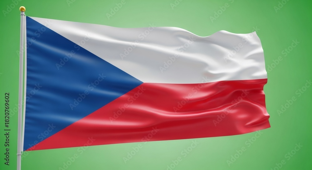 Obraz premium Czech Republic flag waving on a pole, isolated on a solid green background, chroma key compositing for national pride and independence day content.