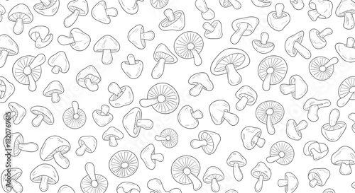 Intricate seamless pattern showcasing diverse outlined mushrooms in various types and sizes on a white background.