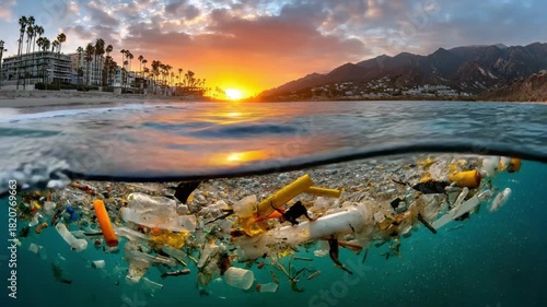 Ocean Pollution Under the Sunset: A split-level shot depicts a polluted ocean beneath a beautiful sunset, juxtaposing nature's beauty with the grim reality of environmental damage.
