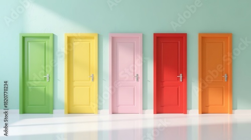 Vibrantly colored doors arranged in a row against a pale wall in a bright minimalist setting