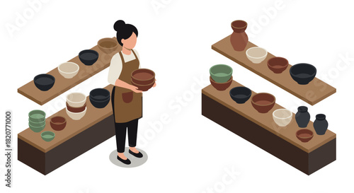 Isometric pottery shop with shelves and clay bowls featuring artisan in apron