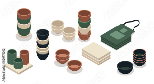 Isometric garden pots and supplies in earthy tones