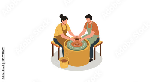 Isometric pottery class: two people crafting clay on a wheel in a studio