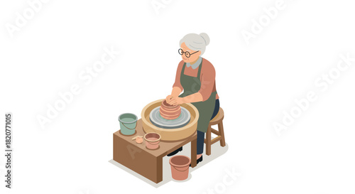 Elderly woman crafting pottery on wheel with isometric design