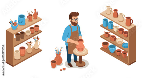 Isometric pottery workshop: craftsman creating ceramic art with clay and pottery tools