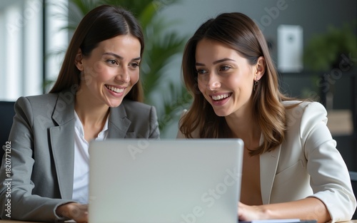 Two businesswomen working together on laptop in office. High quality