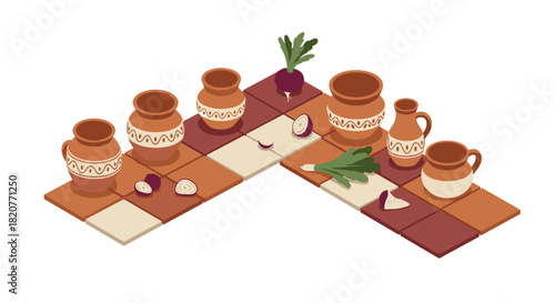 Rustic pottery and vegetables on geometric tiles in isometric style