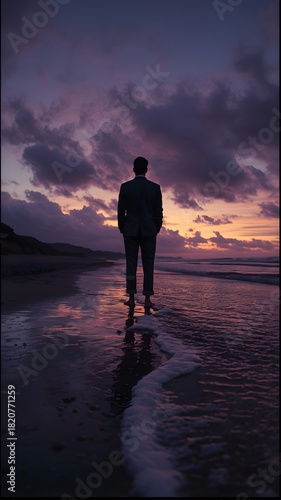 Business man profile silhouette on calm ocean at dusk