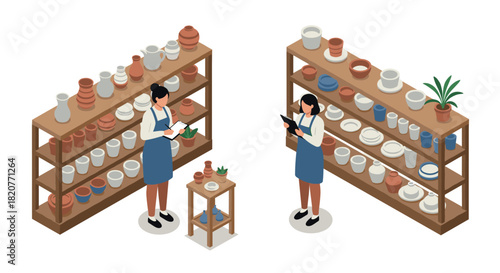 Isometric ceramic shop scene with female staff checking inventory