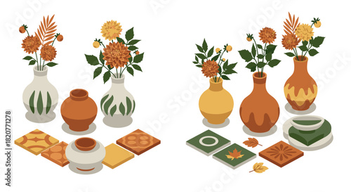 Autumn floral arrangements with decorative vases and tiles in earthy tones
