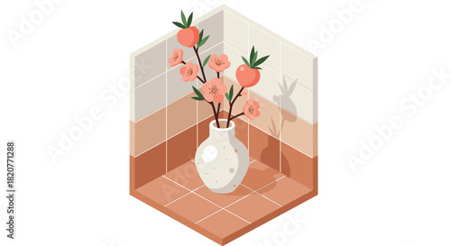 Isometric floral arrangement in geometric vase on tiled corner