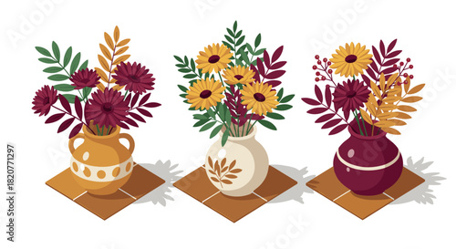 Colorful floral arrangements in isometric vases on tiles