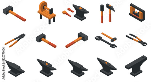 Isometric blacksmith tools set: anvils, hammers, and forge equipment