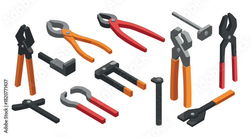 Isometric tools set with pliers, hammers, and wrenches in various colors