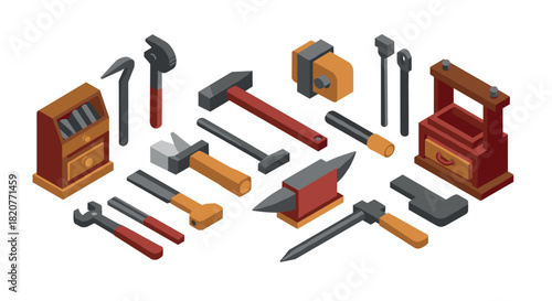 Isometric set of workshop tools with hammer, anvil, and wrench icons for diy…