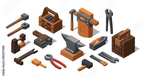 Isometric metalworking tools collection on white background for craftsmanship…