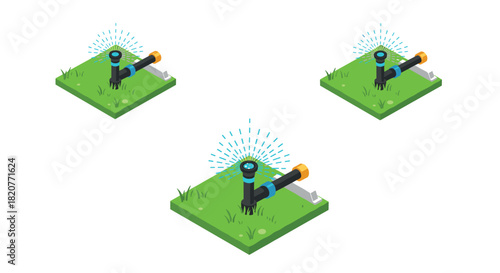 Isometric automatic garden sprinkler system for lawn irrigation concept with…