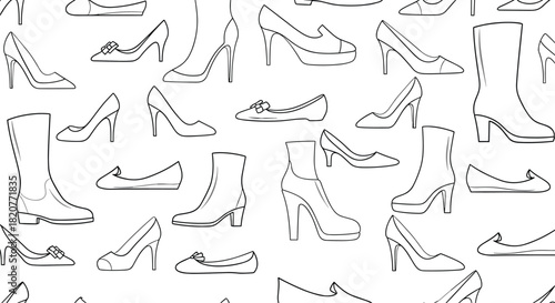 Stylish seamless pattern featuring various types of women's shoes and boots in clean outline illustrations, presented on a white background.