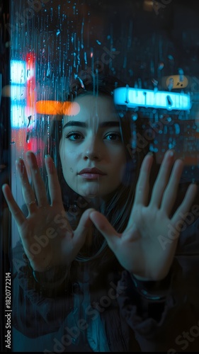 Cyberpunk girl behind rain covered glass with neon lights
