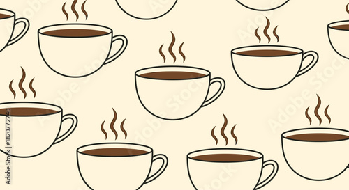 Comforting seamless pattern featuring numerous steaming coffee cups and mugs with handles, artfully arranged on a warm light beige background.
