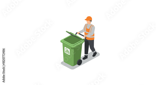 Sanitation worker handling green recycling bin in isometric style