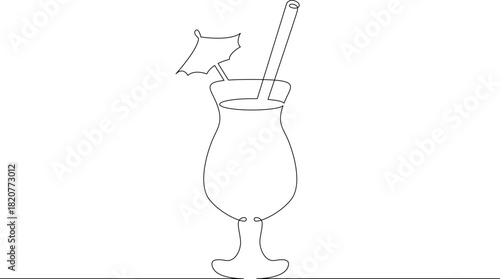 Continuous single line drawing tropical alcoholic cocktail.  Linear . One continuous line isolated minimalist illustration. Not AI.