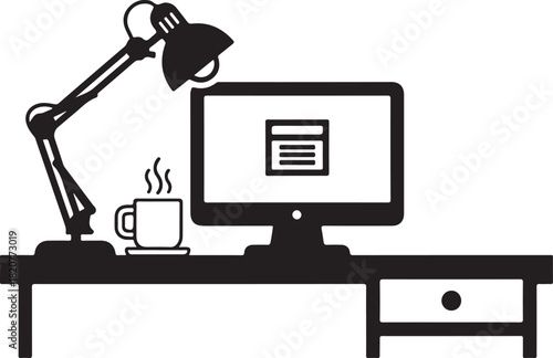 Workplace desk setup silhouette with computer screen coffee cup and adjustable lamp on table