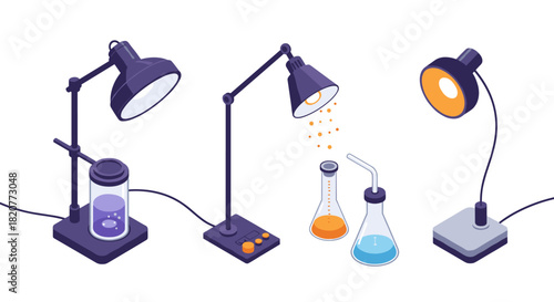 Isometric laboratory equipment with modern lamps and glassware set