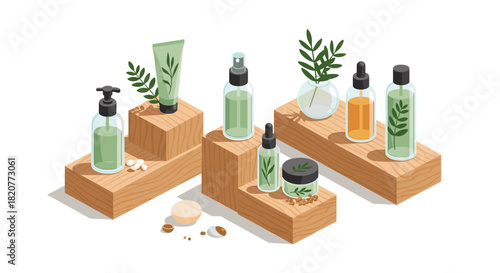 Natural skincare products on wooden stands with greenery in isometric style