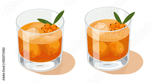 Refreshing sea buckthorn cocktail with ice cubes in glasses