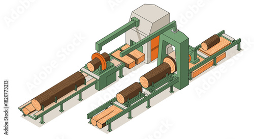 Isometric sawmill machinery: efficient wood processing conveyors and cutters