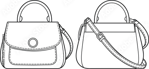 Women's Top Handle Flap Bag Technical Flat Sketch Vector Illustration with Buckle Closure, Long Adjustable Shoulder Strap, and Classic Design for Product Development CAD.