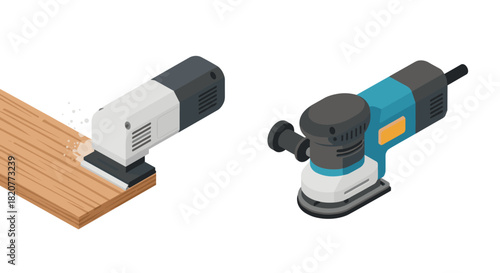 Isometric electric sanders on wooden surface: modern power tools design