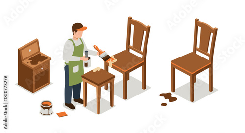 Isometric furniture restoration with wood stain application by carpenter