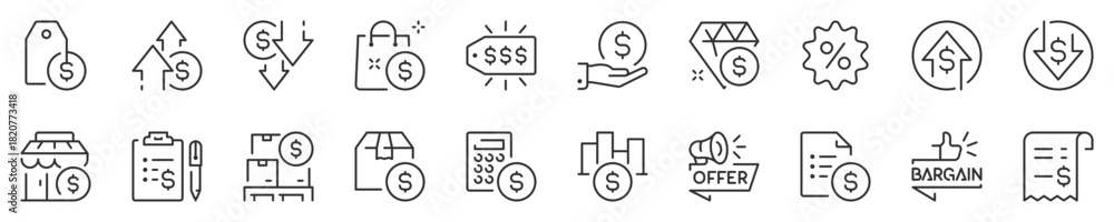 Naklejka premium Price concepts, thin line icon set. Symbol collection in transparent background. Editable vector stroke. 512x512 Pixel Perfect.