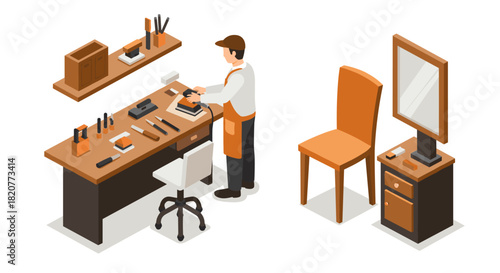 Isometric workshop scene with craftsman working on furniture and tools